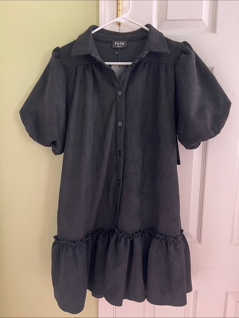 Fate Faux Suede Black Puff-Sleeve Button Dress
